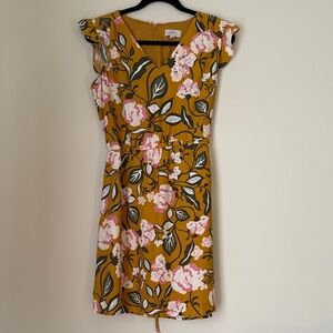 LOFT Women's Mustard Yellow Floral V-Neck Tie Back Dress Size M